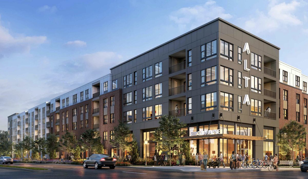 Alta Nova apartment building at Crossroads, five stories with brick and panel facade